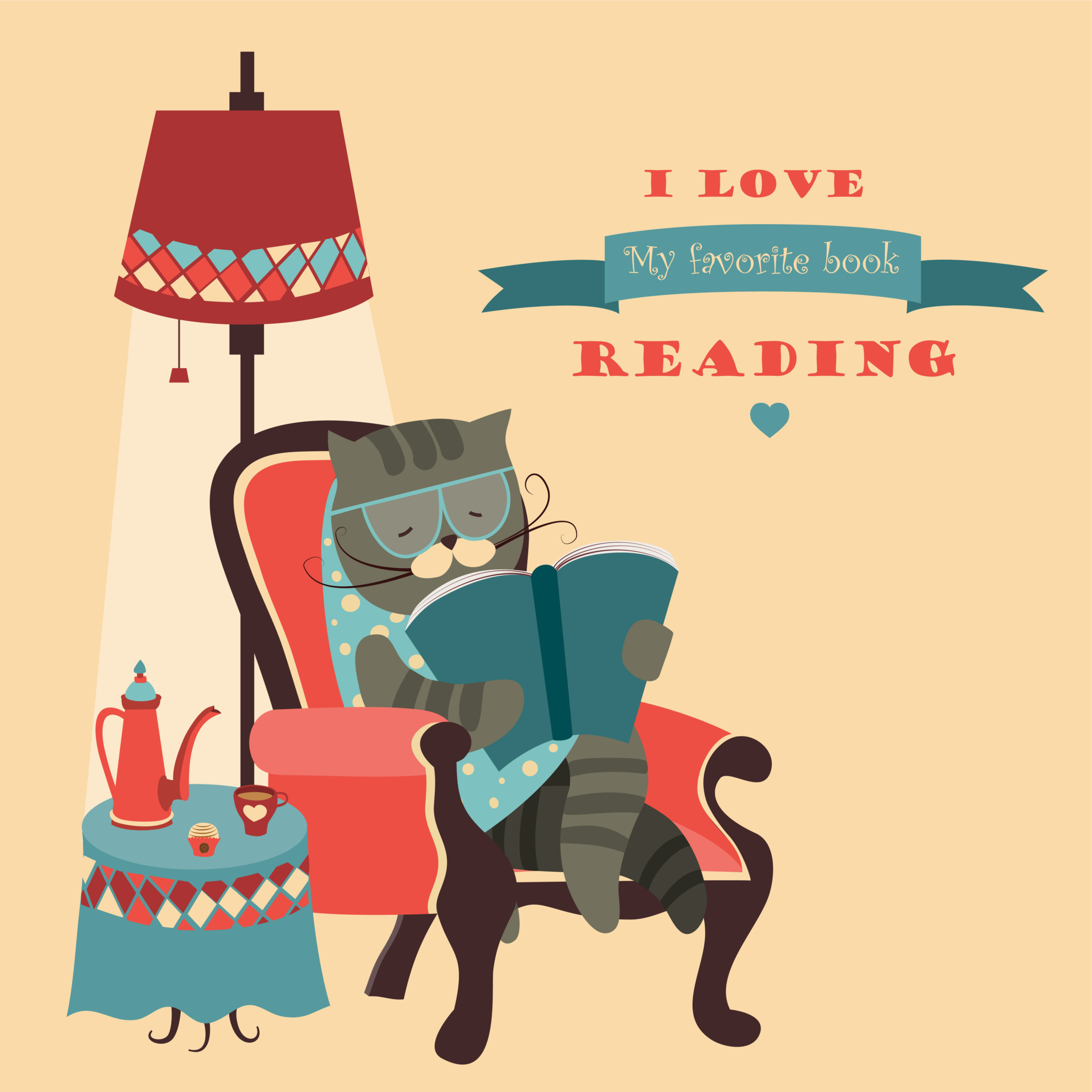 猫がソファに座り読書しているイラスト